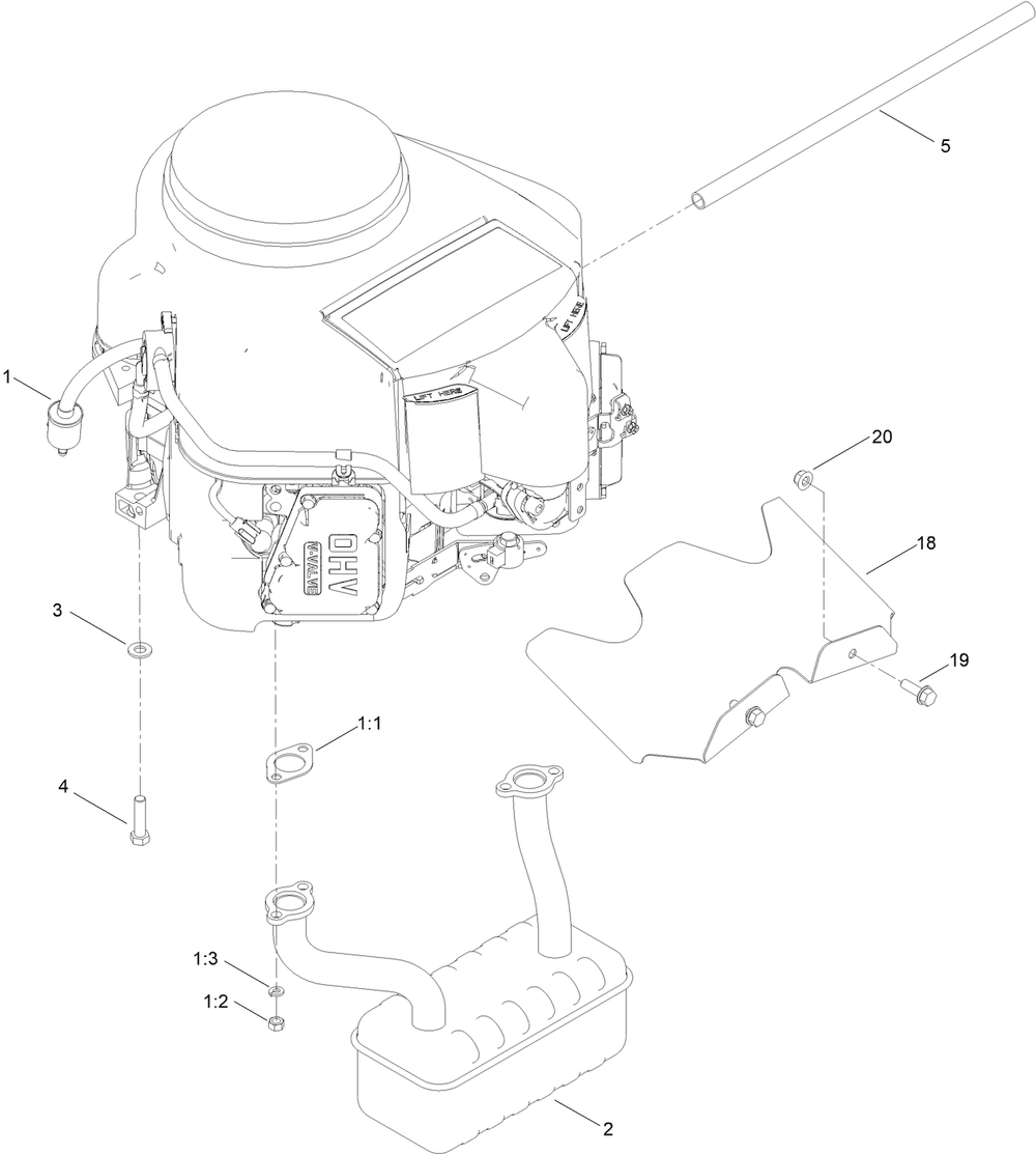 Engine And Muffler Assembly Diagram and Parts List for 75310 412000000 - 999999999 Toro Lawn Tractor