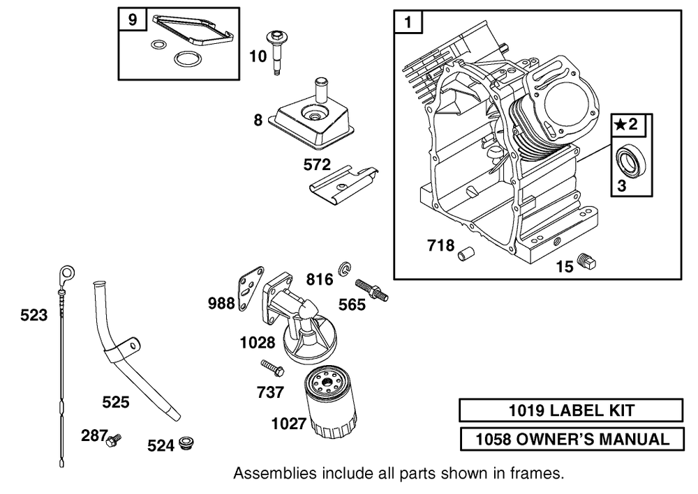 Cylinder, Oil Filter And Dipstick Assembly  Briggs And Stratton 303447-1314-E1 Diagram and Parts List for 12003 210000001 - 210999999 Toro Lawn Tractor