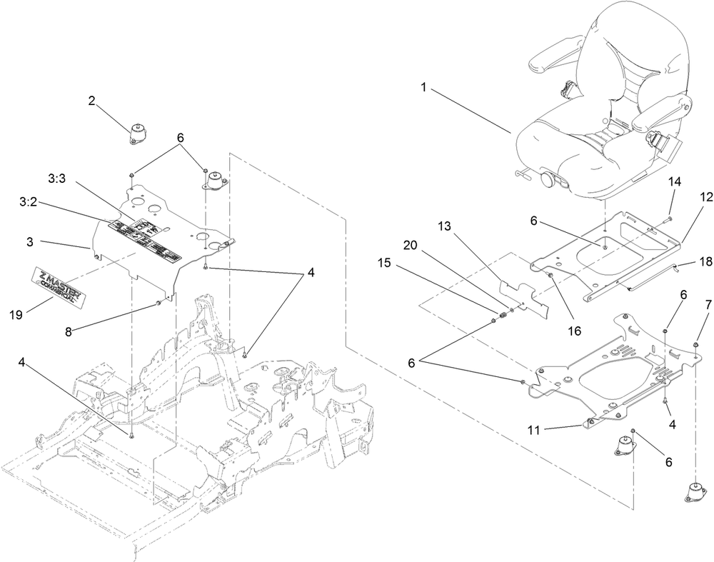 Seat Mounting Assembly Diagram and Parts List for 74943CP (312000001-312999999)(2012) Toro Lawn Mower
