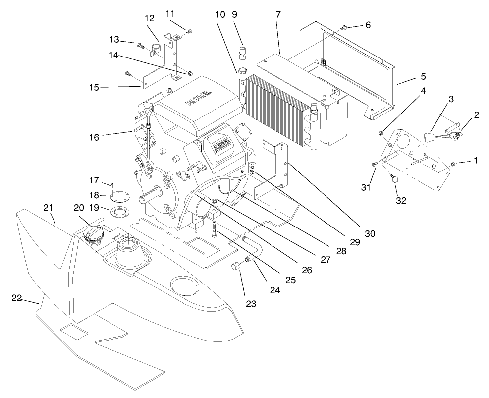 Engine And Fuel Tank Diagram and Parts List for 74182 (890184-891199)(1998) Toro Lawn Tractor