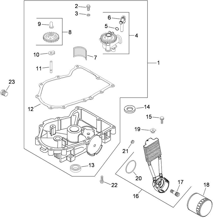 Oil Pan And Lubrication Assembly Diagram and Parts List for 74923TE (290000001-290999999)(2009) Toro Lawn Mower