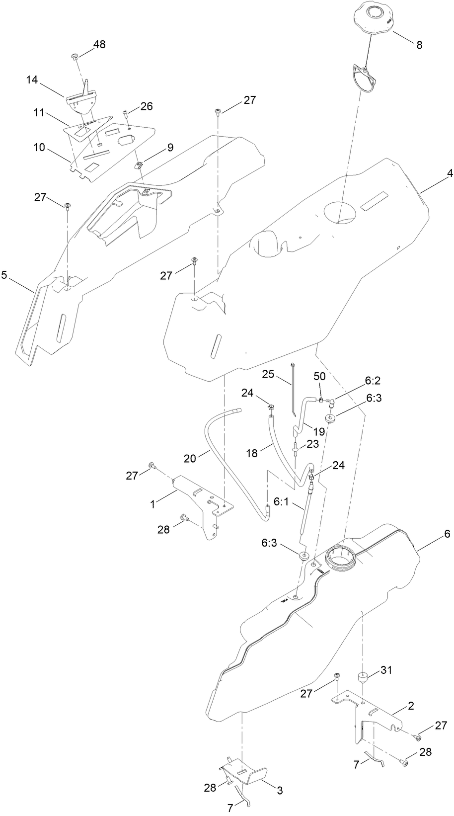 Fuel And Body Styling Assembly Diagram and Parts List for 75748 414400000 - 999999999 Toro Lawn Tractor
