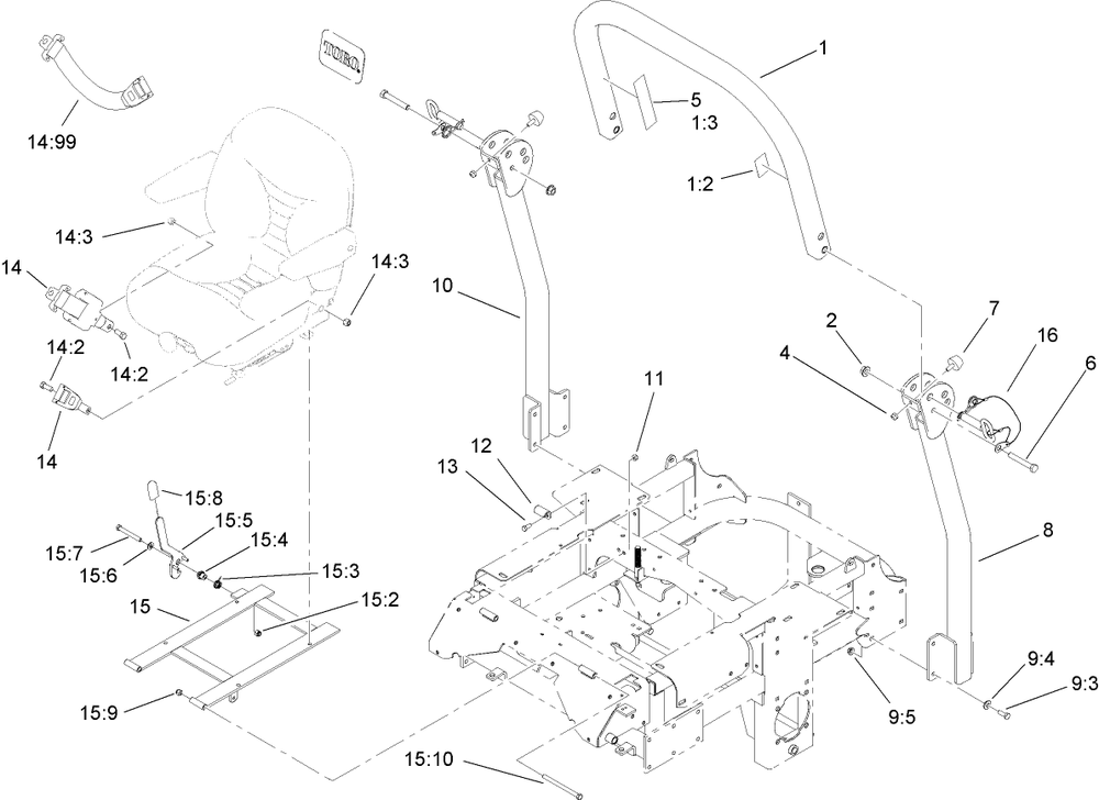 Roll-Over Protection System Assembly 1 Diagram and Parts List for 74279TE (290000001-290999999)(2009) Toro Lawn Tractor