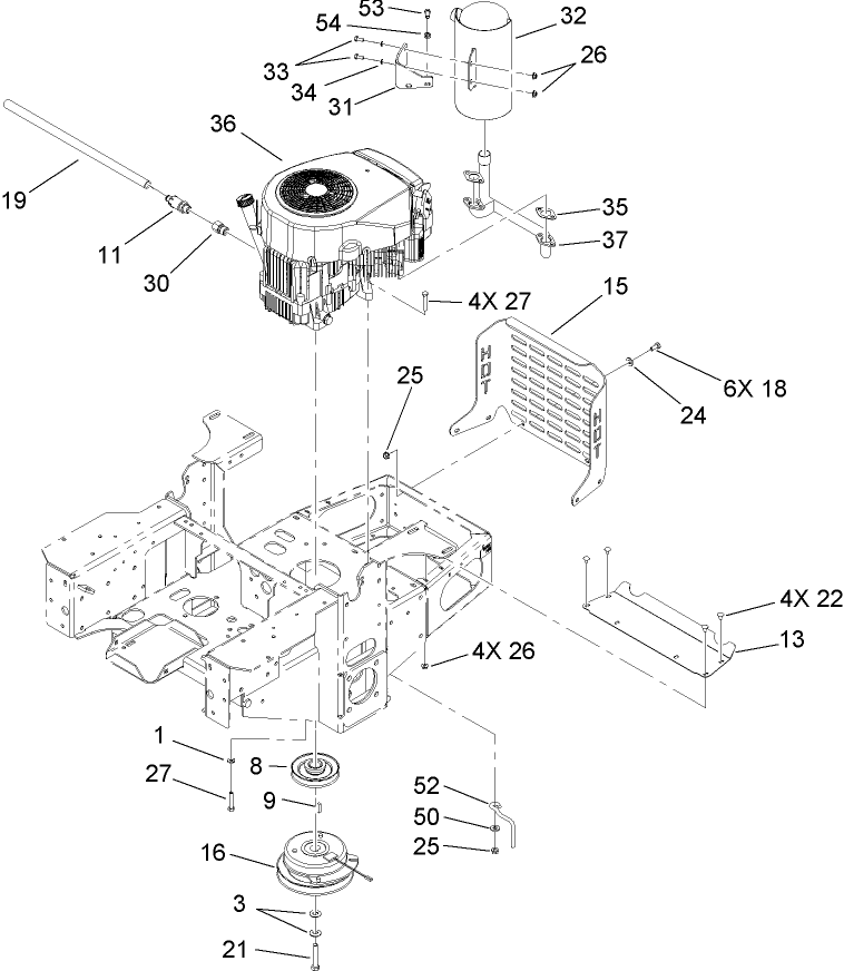 Engine, Clutch And Muffler Assembly Diagram and Parts List for 74418 (270000001-270001000)(2007) Toro Lawn Mower
