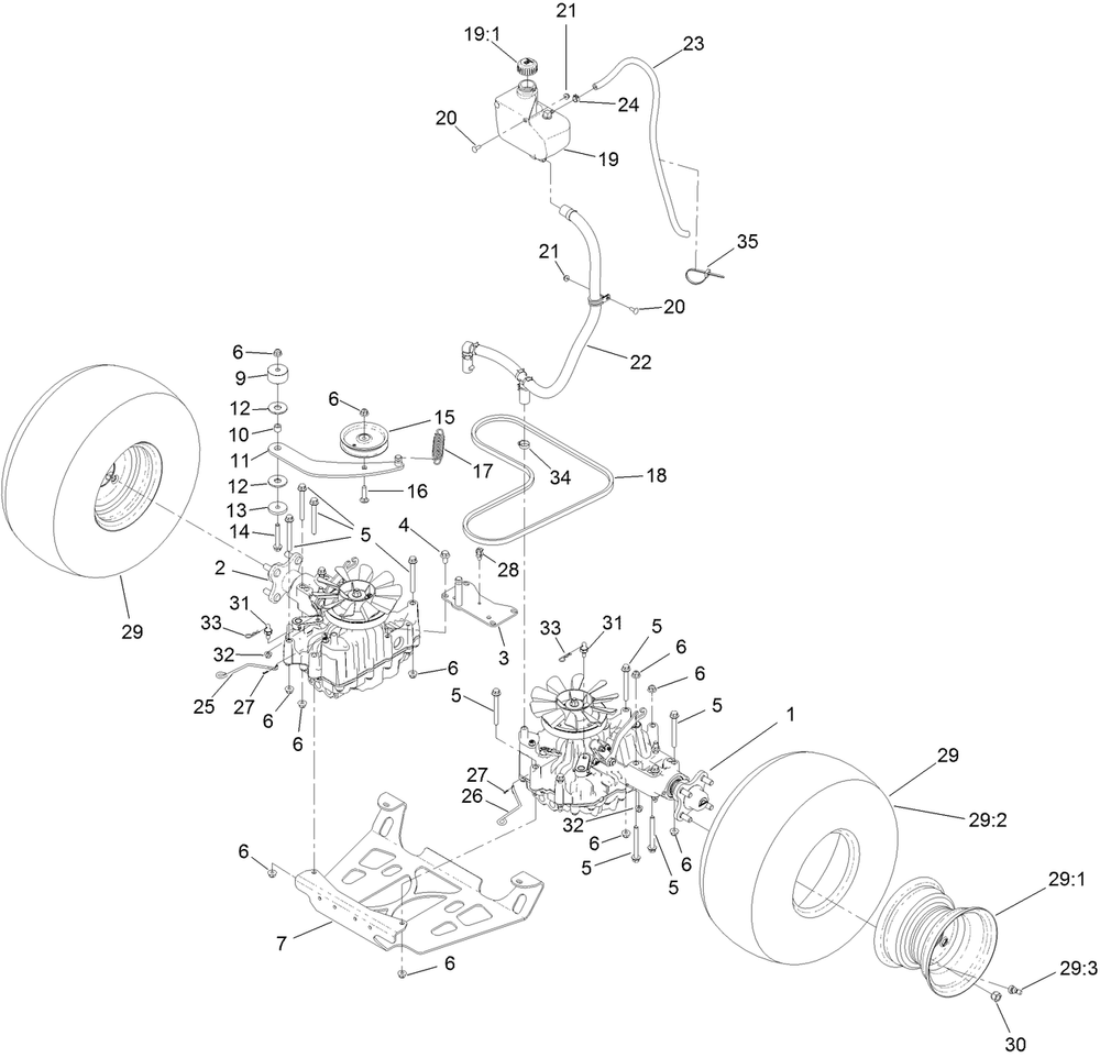 Ground Drive Assembly Diagram and Parts List for 74504TE 404320000-999999999 Toro Lawn Mower