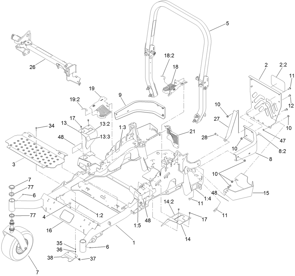 Frame, Caster And Z Stand Assembly Diagram and Parts List for 74919TE 400000000-401899999 Toro Lawn Mower