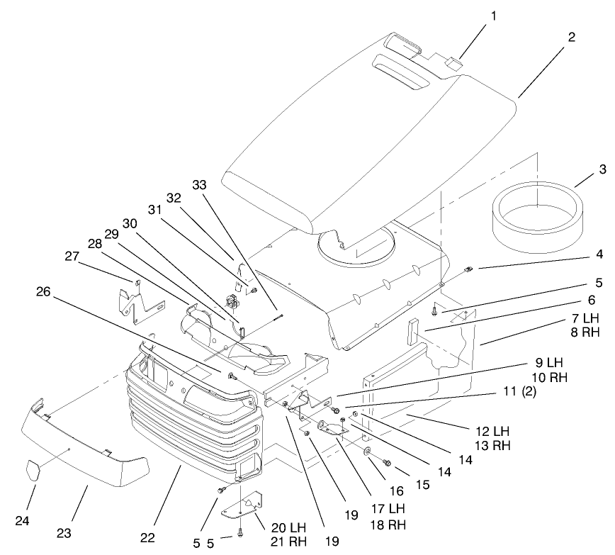 Hood & Grill Assembly Diagram and Parts List for 72070 9900001 - 9999999 Toro Lawn Tractor