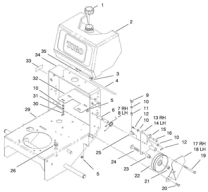 Fuel Tank And Idler Brackey Assembly Diagram and Parts List for 30159 990001 - 991179 Toro Lawn Tractor Accessories
