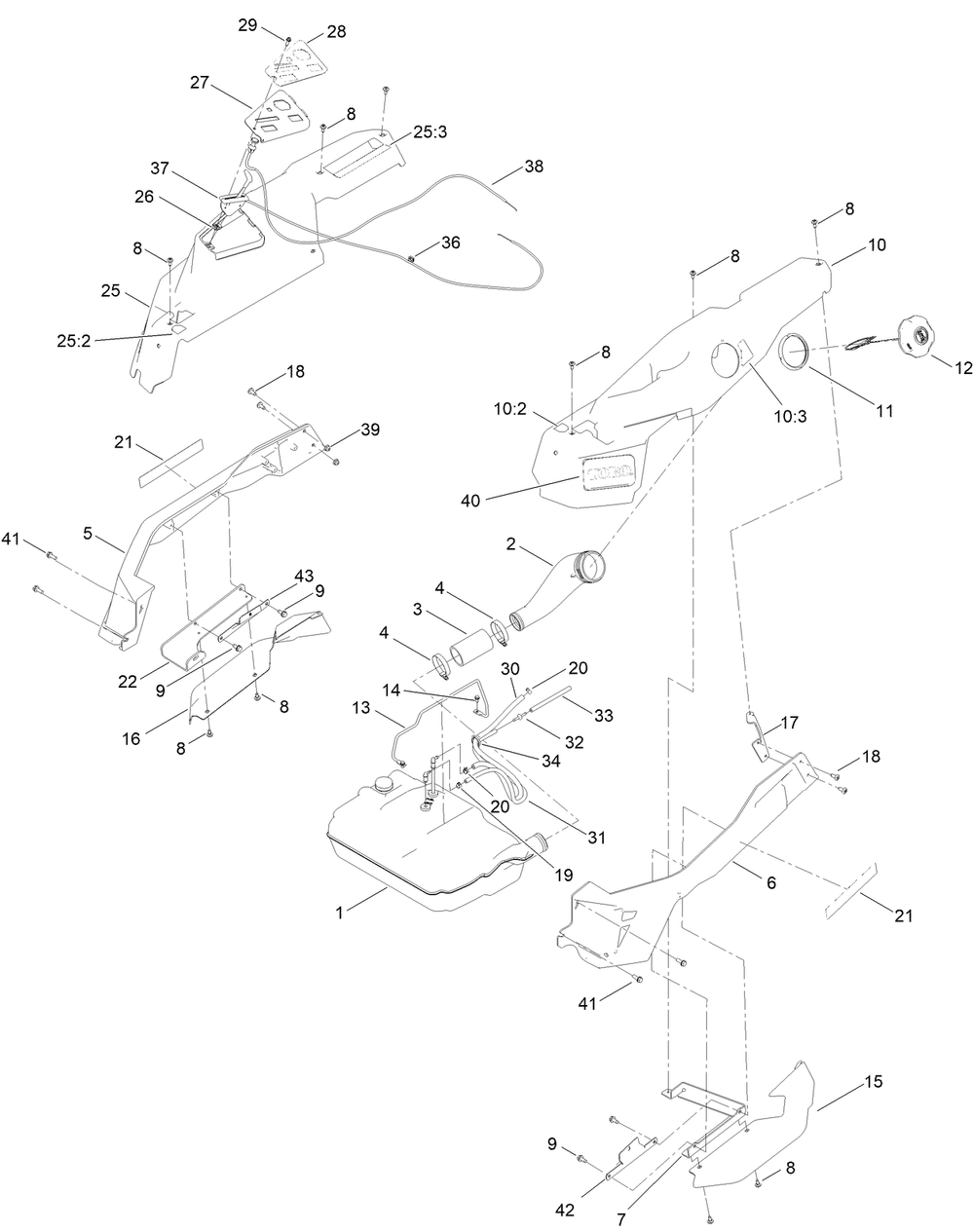 Fuel Assembly Diagram and Parts List for 76425 400000000 - 415399999 Toro Lawn Tractor