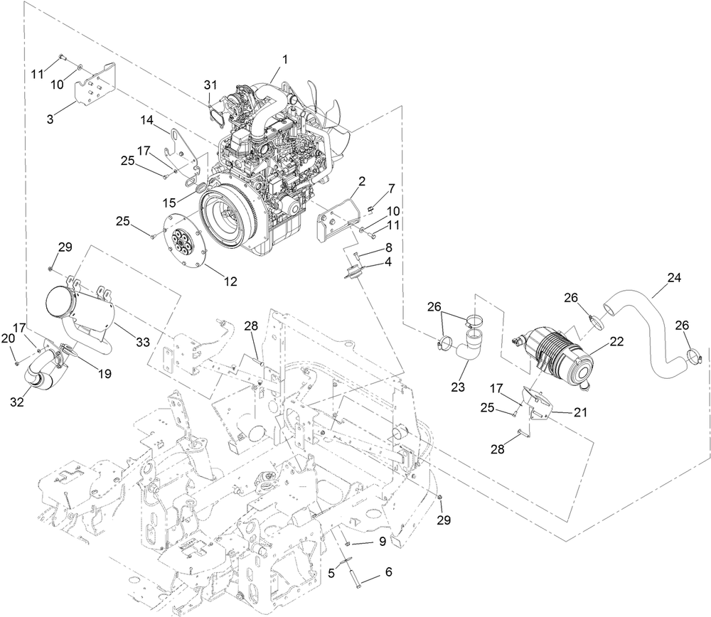 Engine, Muffler And Air Cleaner Assembly Diagram and Parts List for 72028 407110000-408863636 Toro Lawn Tractor