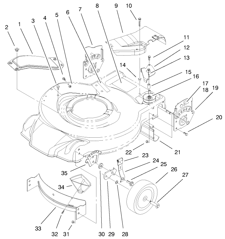 Housing, Handle Brackets, & Wheel Assembly Diagram and Parts List for 20023 9900001 - 9999999 Toro Lawn Mower
