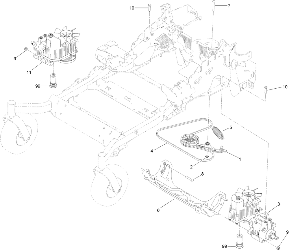 Hydraulic Pump, Idler And Belt Assembly Diagram and Parts List for 74902TE (316000001-316999999)(2016) Toro Lawn Mower