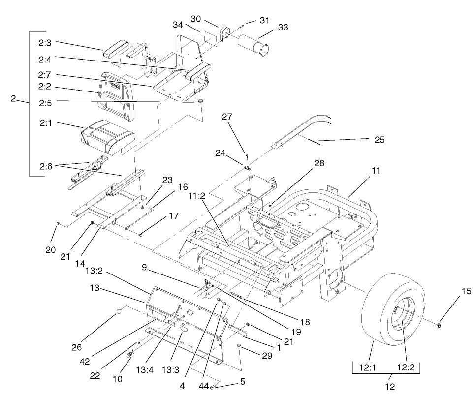 Rear Frame And Wheel Assembly Diagram and Parts List for 74228 (210000001-210999999)(2001) Toro Lawn Mower