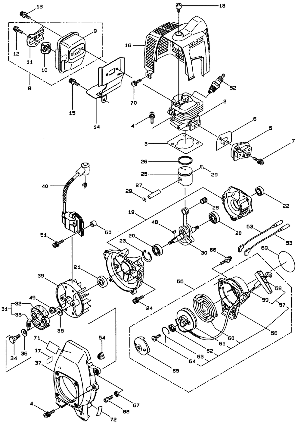 Engine Assembly Diagram and Parts List for 53009 990001 - 999999 Toro Trimmer