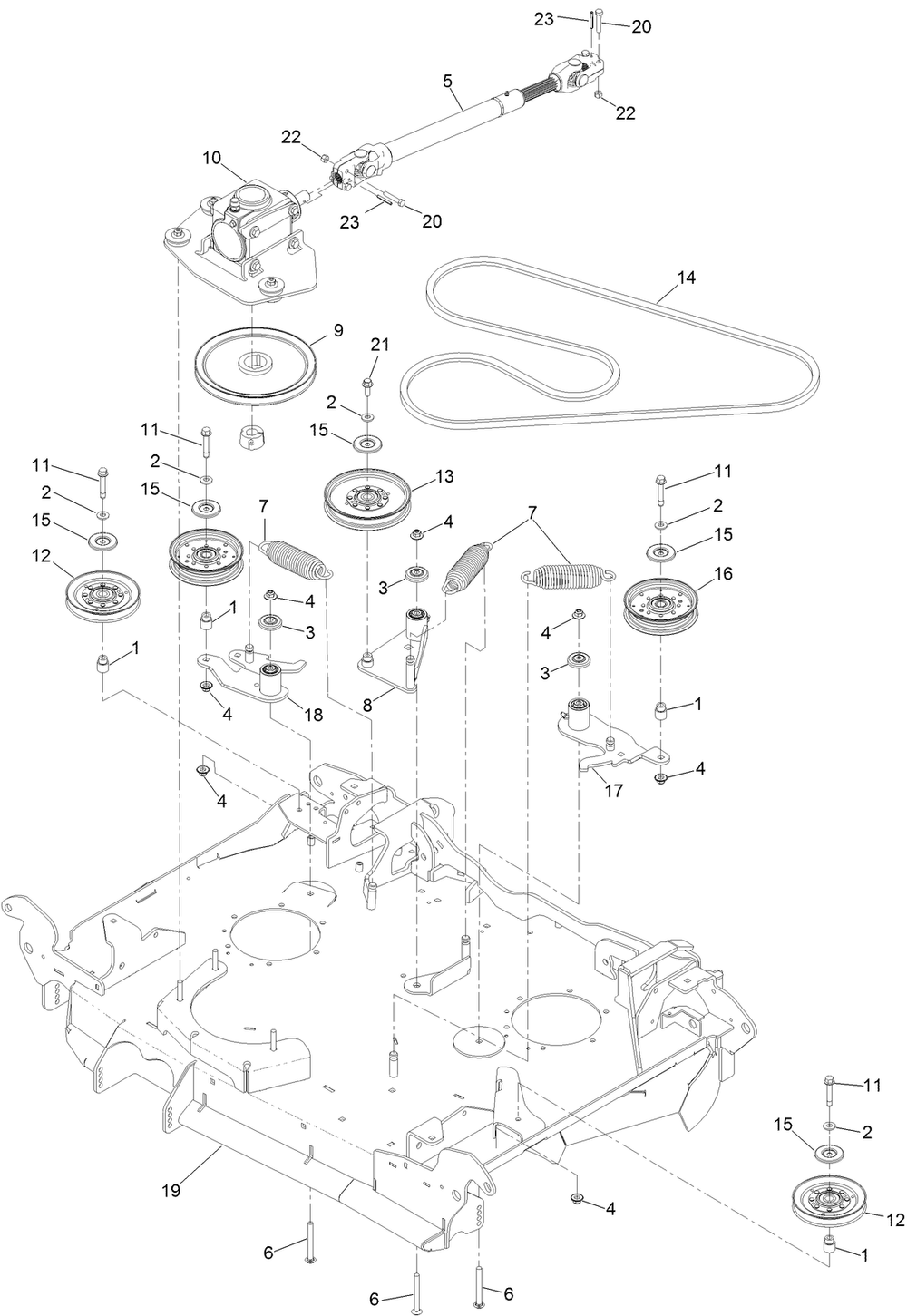 Center Deck And Drive Assembly Diagram and Parts List for 72096 406343181-407109999 Toro Lawn Tractor