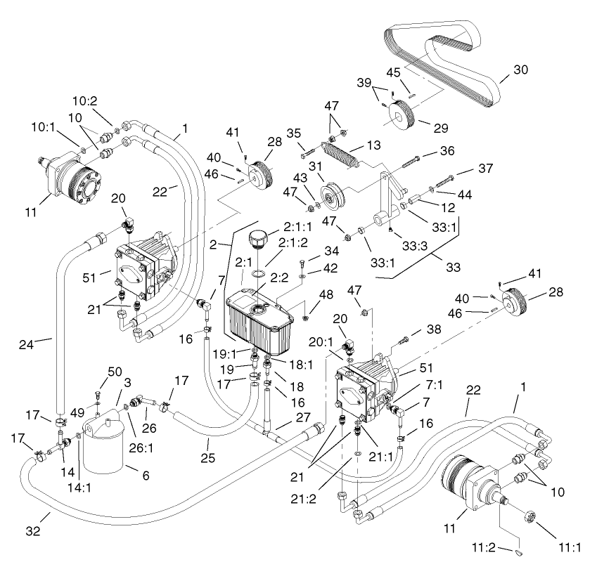 Hydraulic System Assembly Diagram and Parts List for 74214 (230000001-230006000)(2003) Toro Lawn Mower