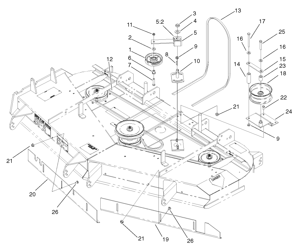 Deck, Belt And Idler Arm Assembly Diagram and Parts List for 74213 (230000001-230006000)(2003) Toro Lawn Mower