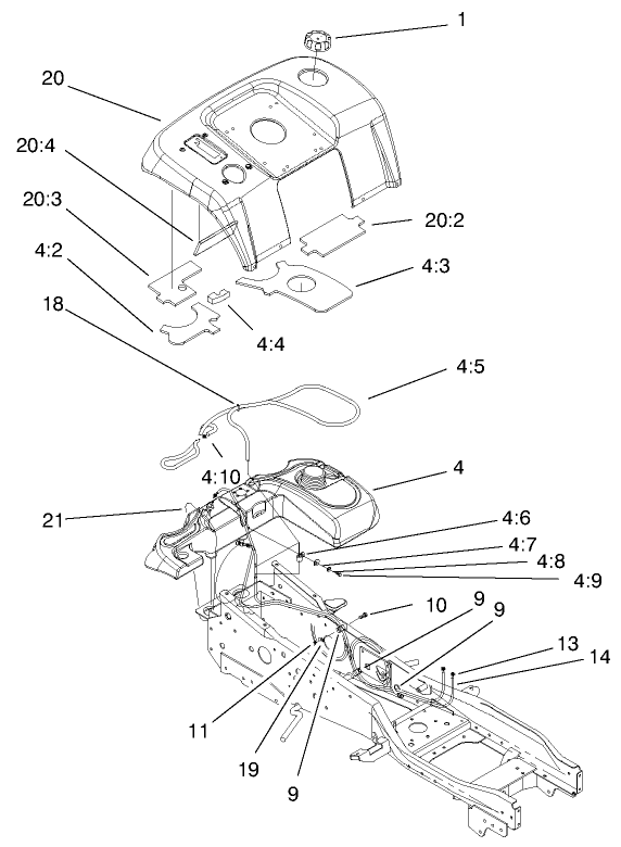Fender & Fuel System Assembly Diagram and Parts List for 73552 9900001 - 9999999 Toro Lawn Tractor