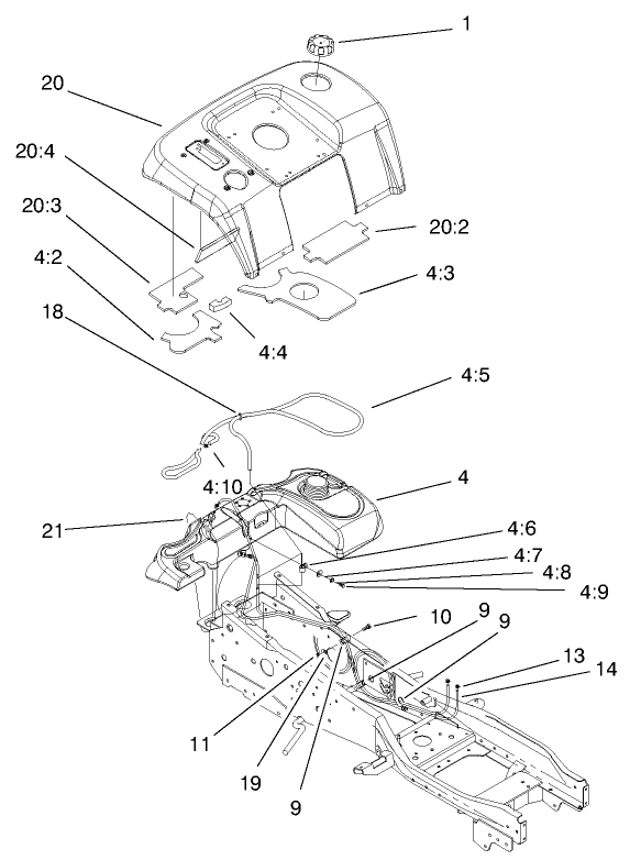 Fender & Fuel System Assembly Diagram and Parts List for 73580 9900001 - 9999999 Toro Lawn Tractor