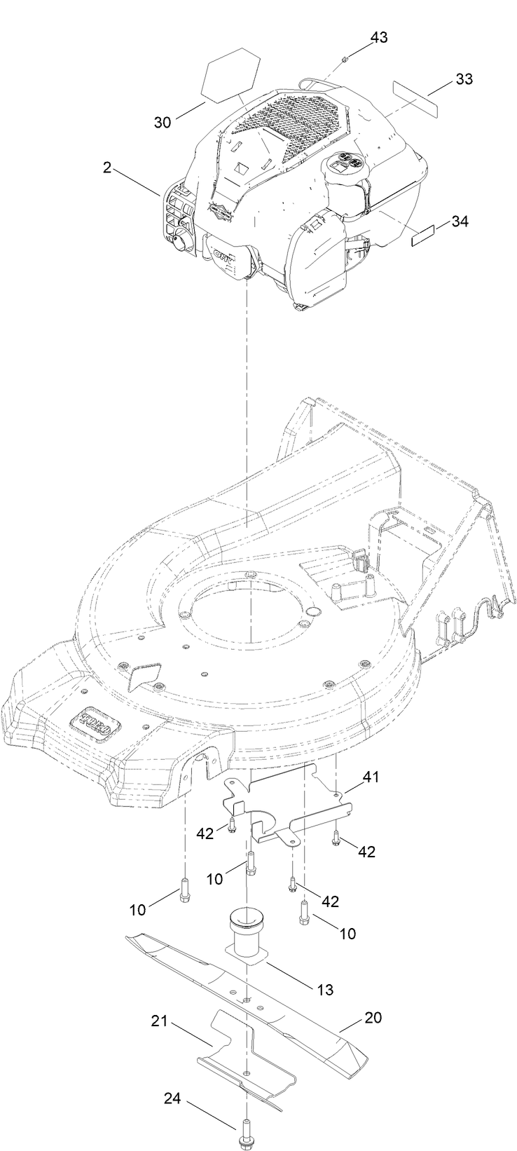 Engine And Blade Assembly Diagram and Parts List for 21565 400000000 - 411499999 Toro Lawn Mower