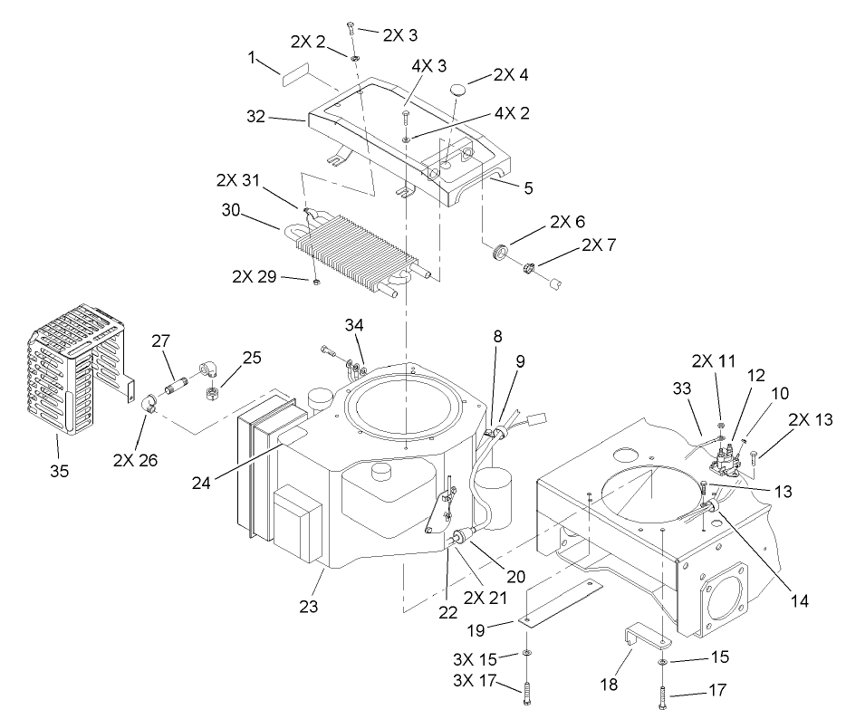 Engine And Oil Cooler Assembly Diagram and Parts List for 30299TE (230000001-230999999)(2003) Toro Lawn Mower