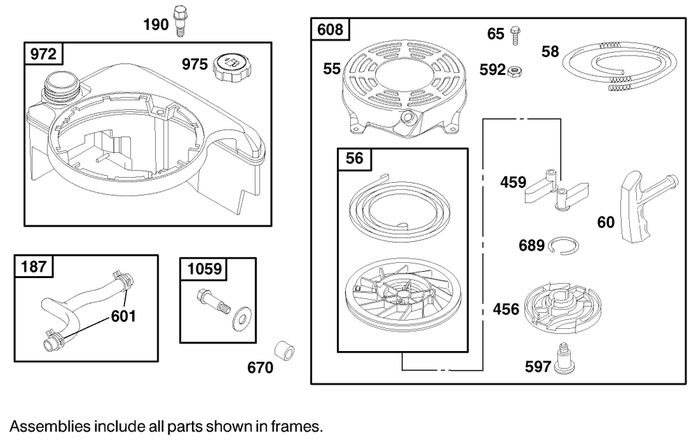 Fuel Tank And Starter Assembly, Engine Briggs & Stratton Model 12h802-1767-E1 Diagram and Parts List for 20010 9900001 - 9999999 Toro Lawn Mower