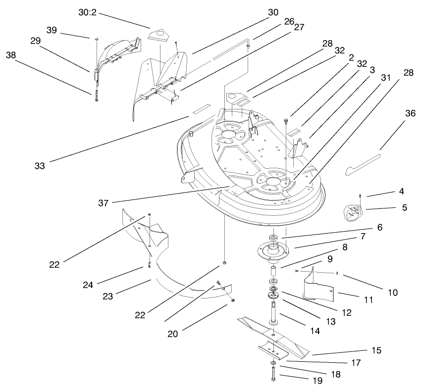 38" Deck Assembly Diagram and Parts List for 71221 9900001 - 9999999 Toro Lawn Tractor
