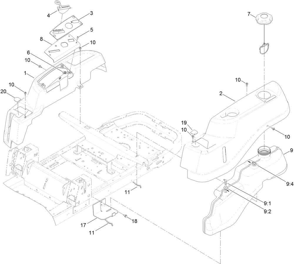 Body Styling And Fuel Pod Assembly Diagram and Parts List for 74750 316000001 - 316999999 Toro Lawn Tractor