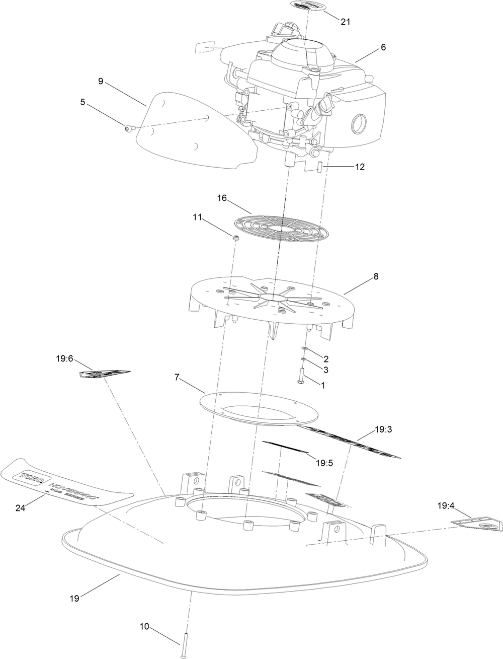 Engine And Deck Assembly Diagram and Parts List for 02615 403230000-407999999 Toro Lawn Mower