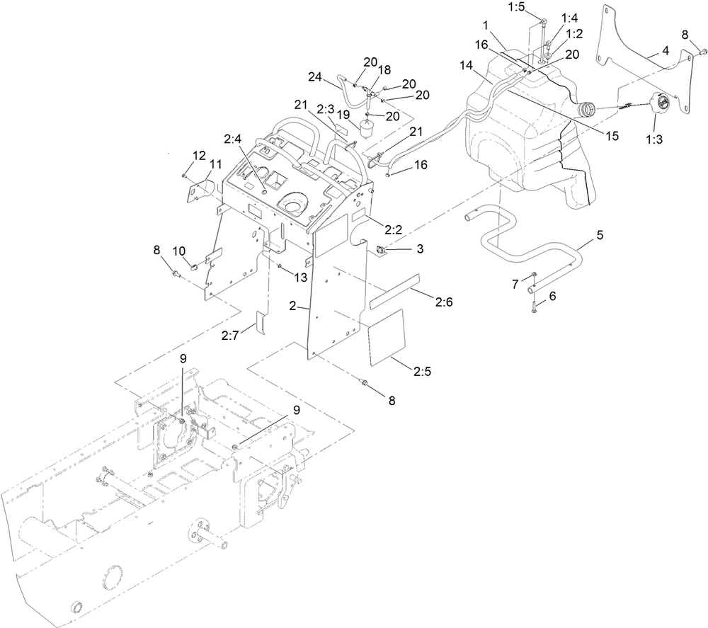 Fuel Tank And Tower Assembly Diagram and Parts List for 68138 408000000 - 410399999 Toro Lawn Tractor Accessories