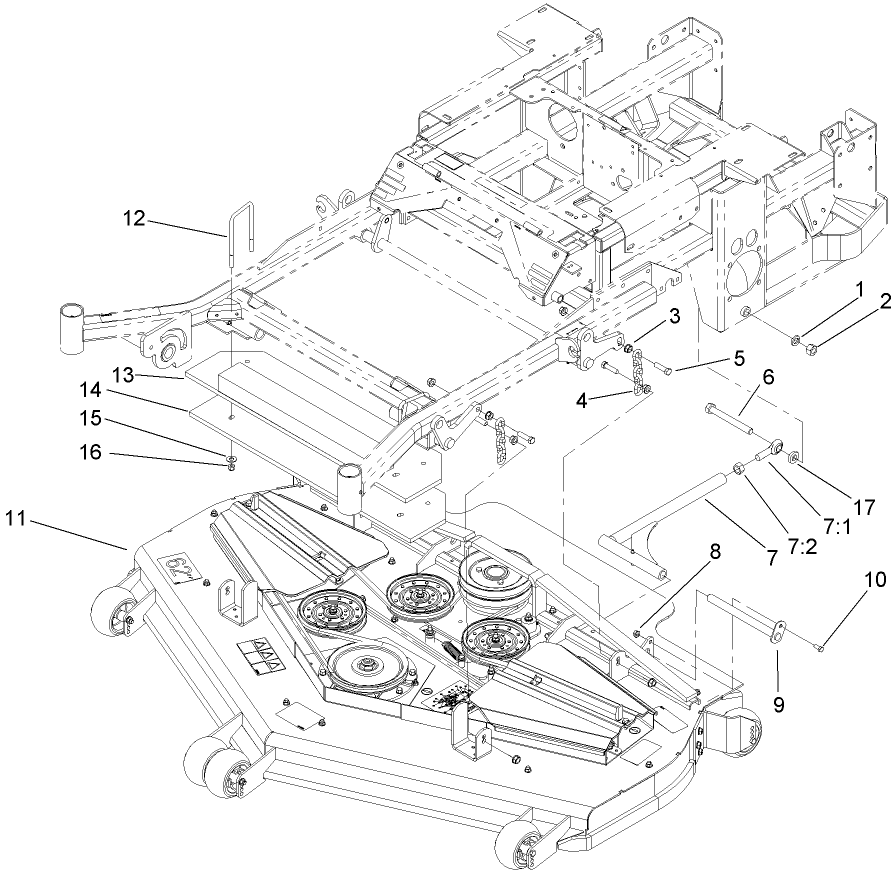 Deck Connection Assembly Diagram and Parts List for 74280TE (260000001-260999999)(2006) Toro Lawn Tractor