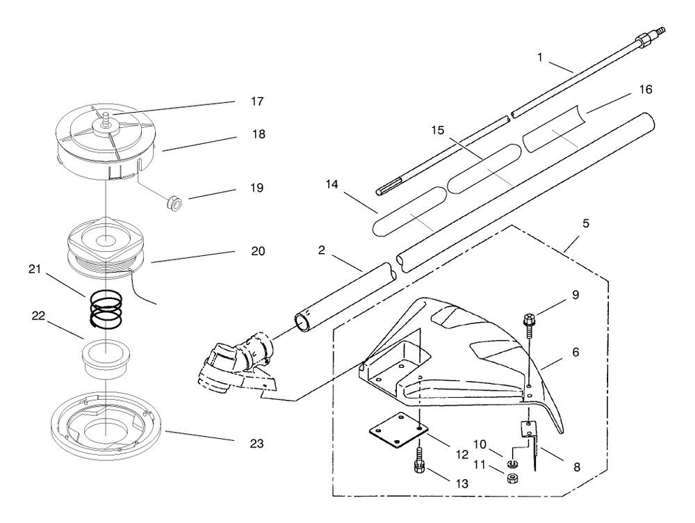 Head, Shaft And Shield Assembly Diagram and Parts List for 53011 890001 - 895000 Toro Trimmer