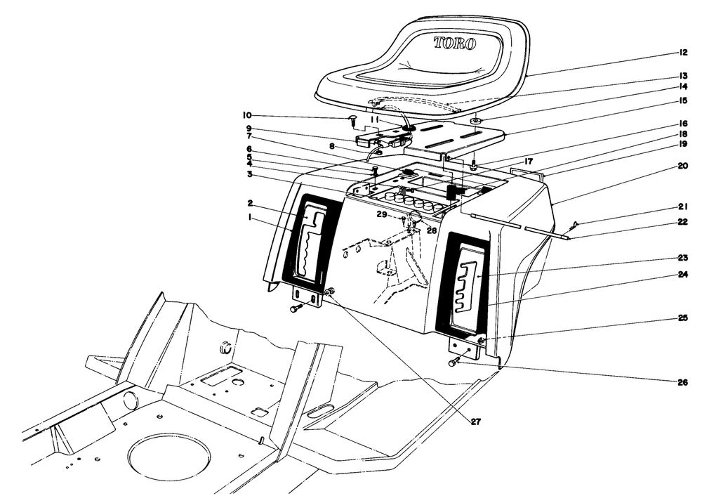 Rear Body & Seat Assembly Diagram and Parts List for 57385 0000001 - 0999999 Toro Lawn Tractor