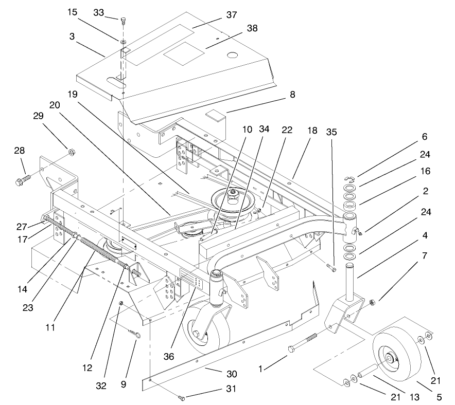 Frame, Belt And Wheel Assembly Diagram and Parts List for 30138 990001 - 999999 Toro Lawn Mower