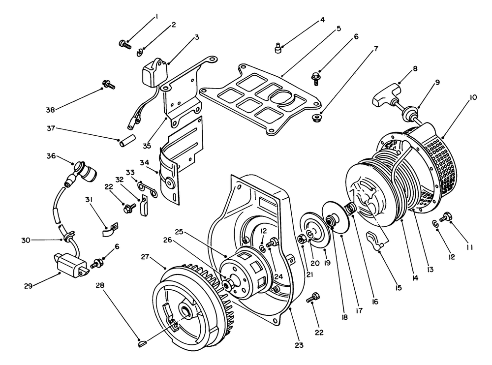 Rewind Starter & Magneto Assembly Diagram and Parts List for 62027 4000001 - 4999999 Toro Generator