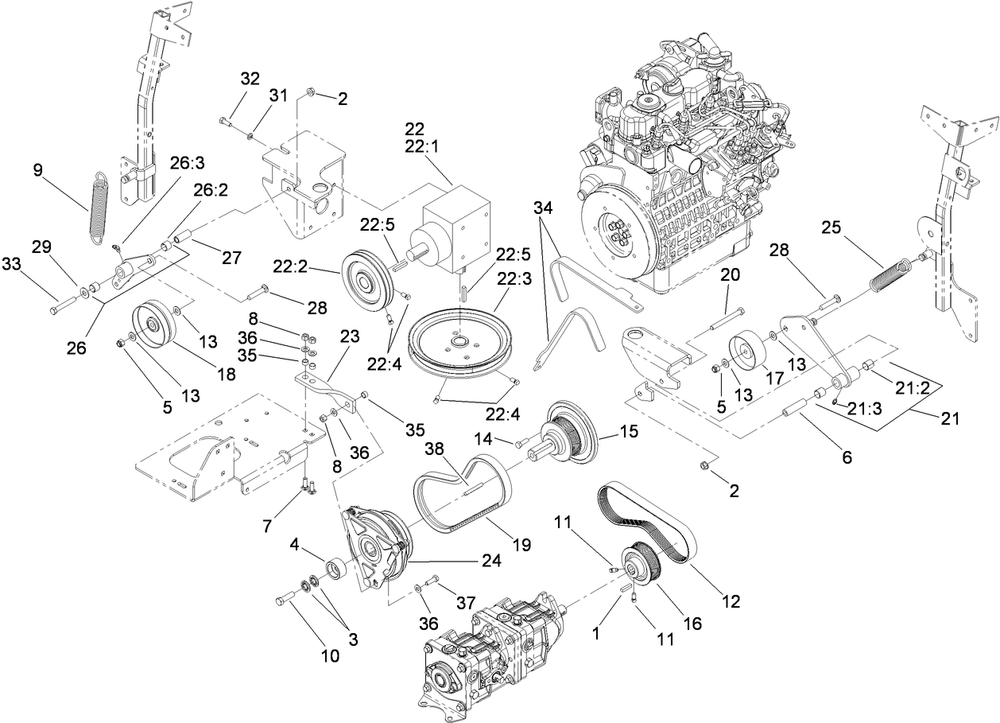 Hydro And Gearbox Assembly Diagram and Parts List for 74265TE (311000001-311999999)(2011) Toro Lawn Mower