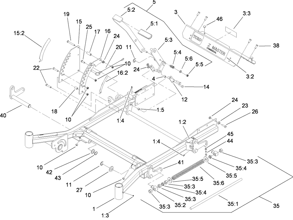 Front Frame Assembly Diagram and Parts List for 74238CP (280000001-280999999)(2008) Toro Lawn Mower