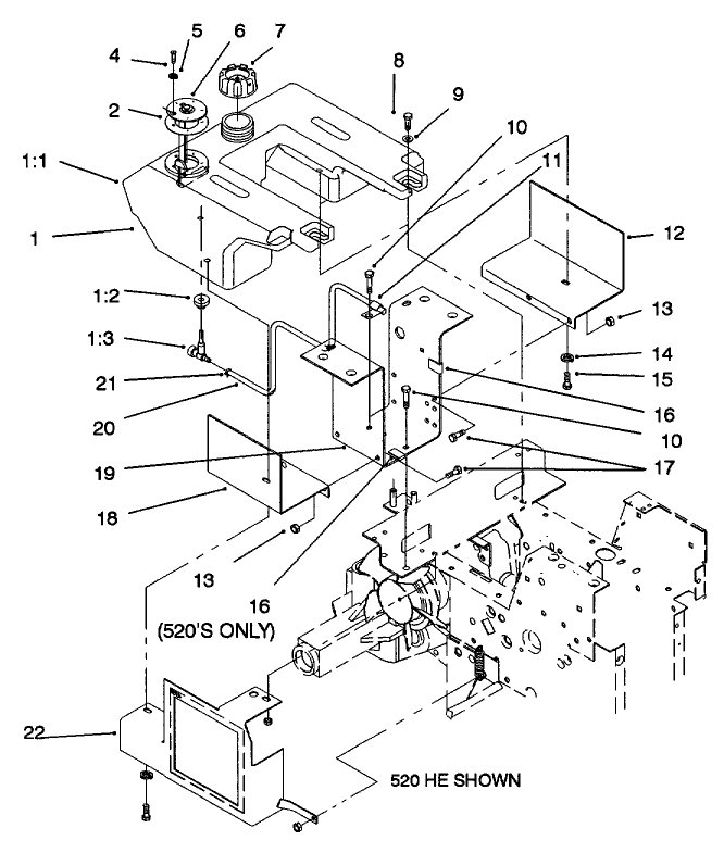 Fuel Tank & Hydro Fan Control Assembly 500 Diagram and Parts List for 73521 6900001 - 6999999 Toro Lawn Tractor