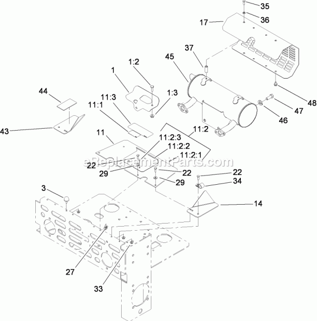 Muffler And Guard Assembly Diagram and Parts List for 74283 280000001-280999999 Toro Lawn Mower