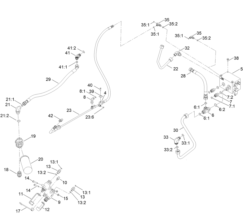 Auxiliary Hydraulic Assembly Diagram and Parts List for 22531 405540000 - 412699999 Toro Lawn Tractor Accessories