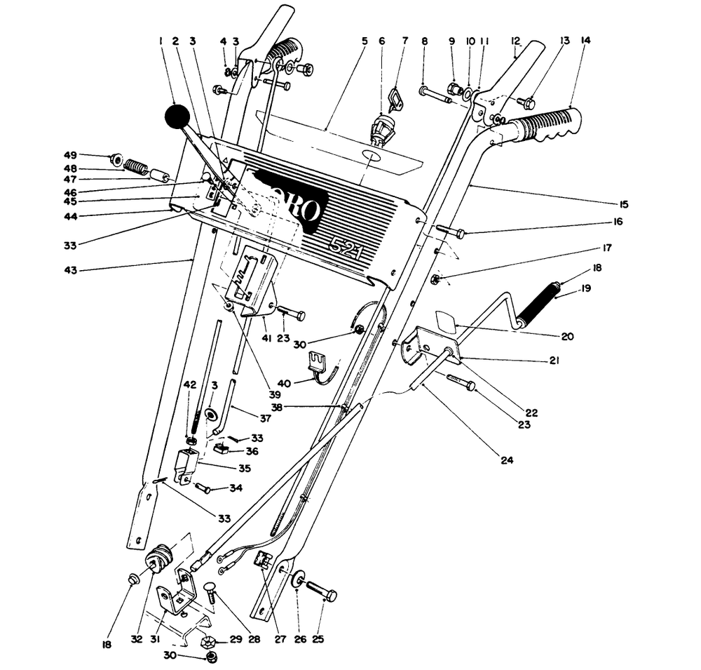 Handle Assembly Diagram and Parts List for 38052 4900001 - 4999999 Toro Snow Blower