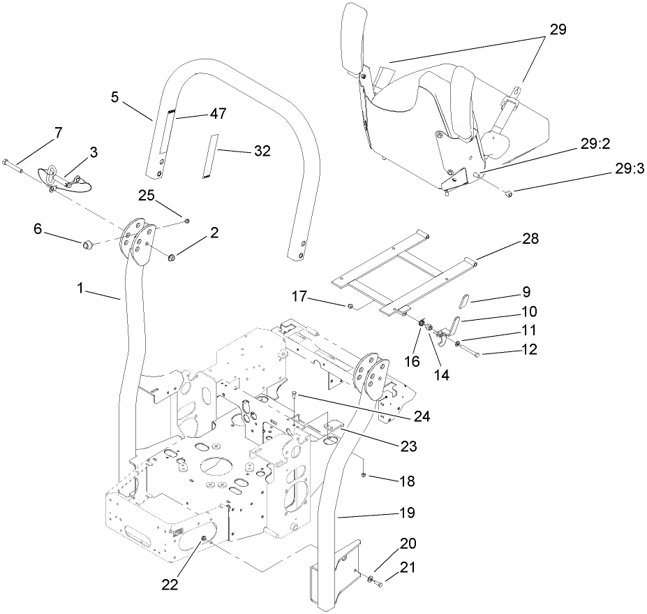 Roll-Over Protection System Assembly 1 Diagram and Parts List for 74413 (270000001-270999999)(2007) Toro Lawn Mower
