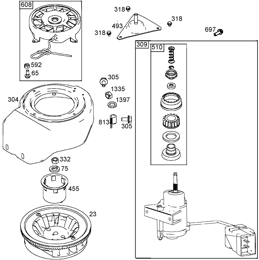 Flywheel, Blower Housing, And Starter Assemblies  Briggs And Stratton 084233-0198-E1 Diagram and Parts List for 38424 9900001 - 9999999 Toro Snow Blower