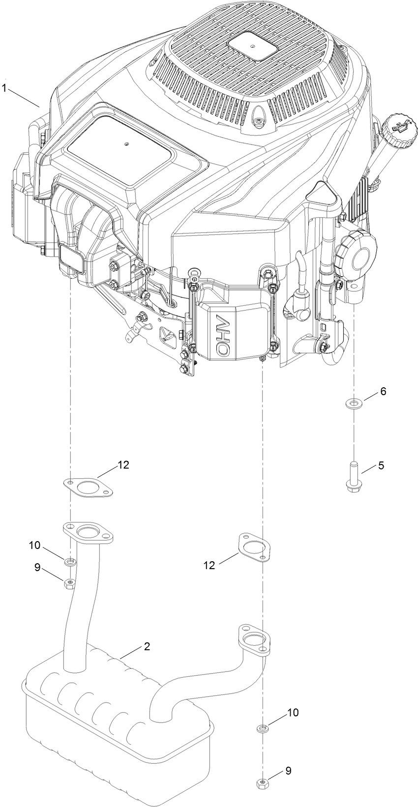 Engine And Muffler Assembly Diagram and Parts List for 75760W 407200000 - 410299999 Toro Lawn Tractor