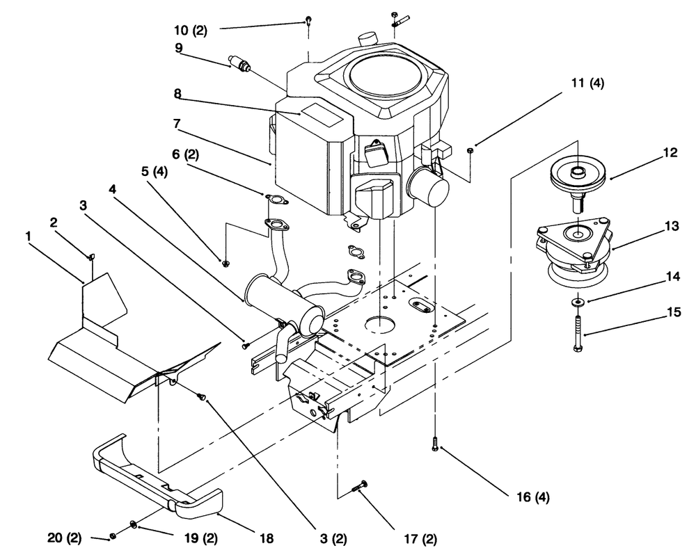 Twin Cylinder Engine, Muffler, And P.T.O. Diagram and Parts List for 72085 6900001 - 6999999 Toro Lawn Tractor