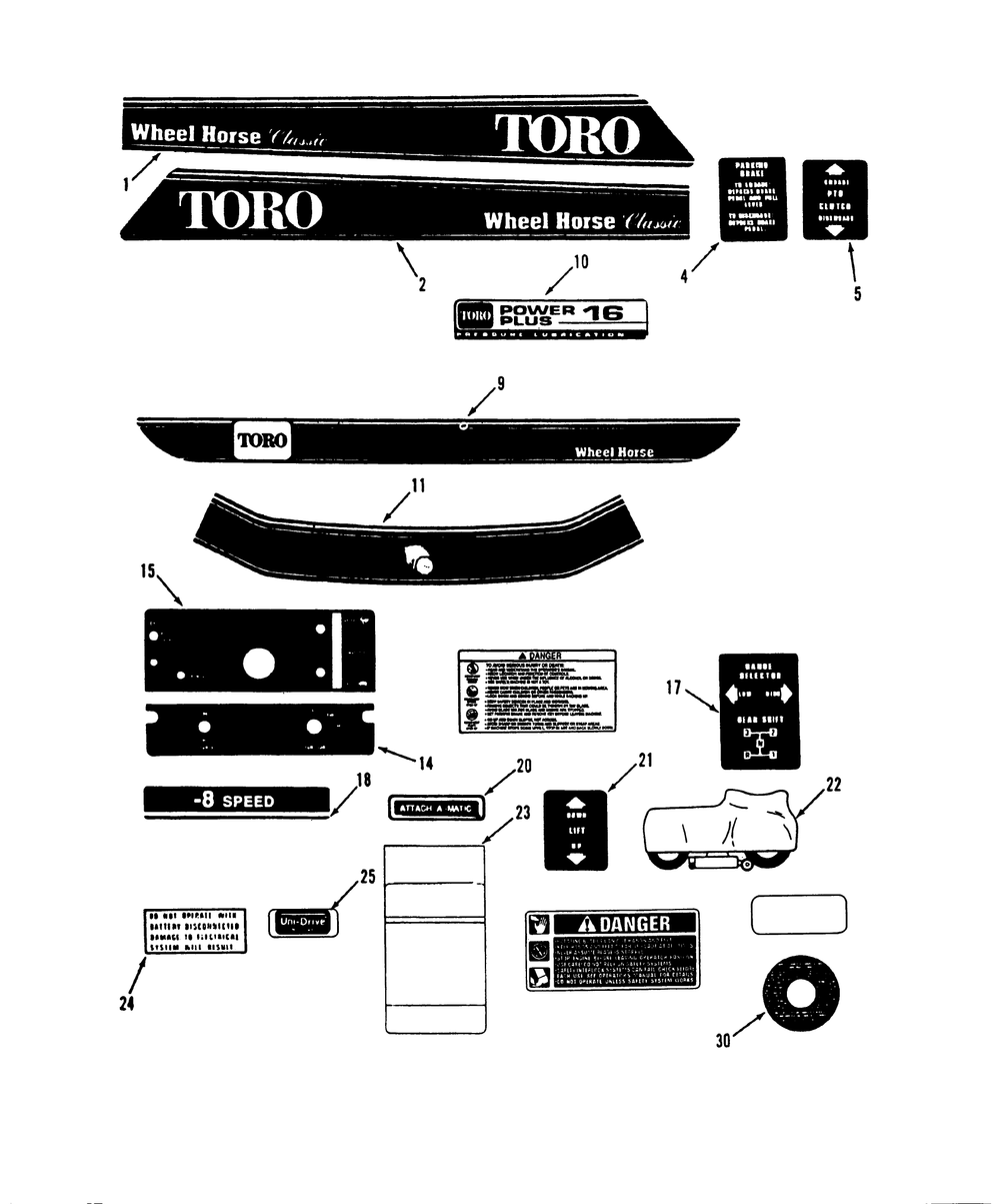 Decals Diagram and Parts List for R1-16O804 2000001 - 2999999 Toro Lawn Tractor