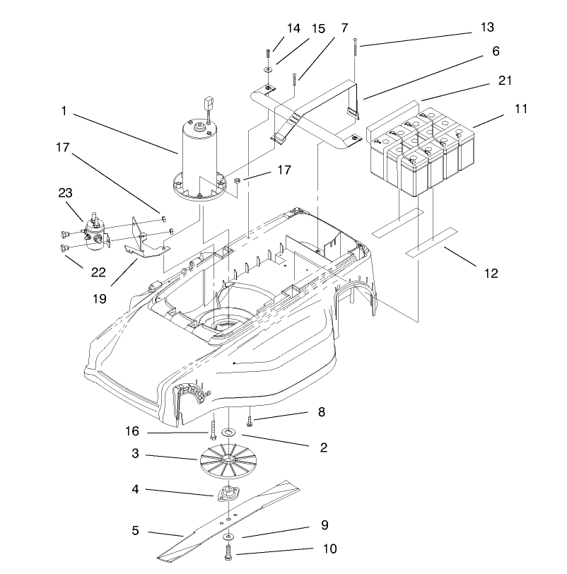 Motor, Batteries And Blade Assembly Diagram and Parts List for 21042 8900001 - 8999999 Toro Lawn Mower