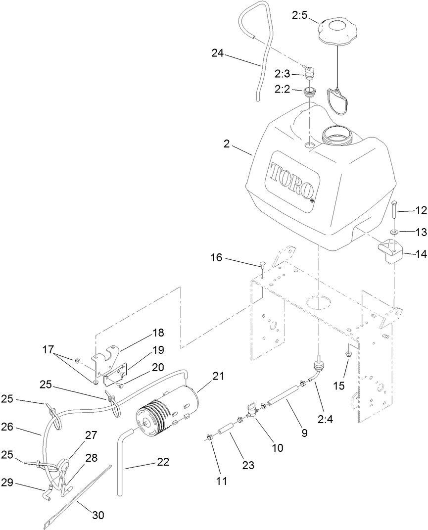 Fuel System Assembly Diagram and Parts List for 39634 (313000001-313999999)(2013) Toro Lawn Mower