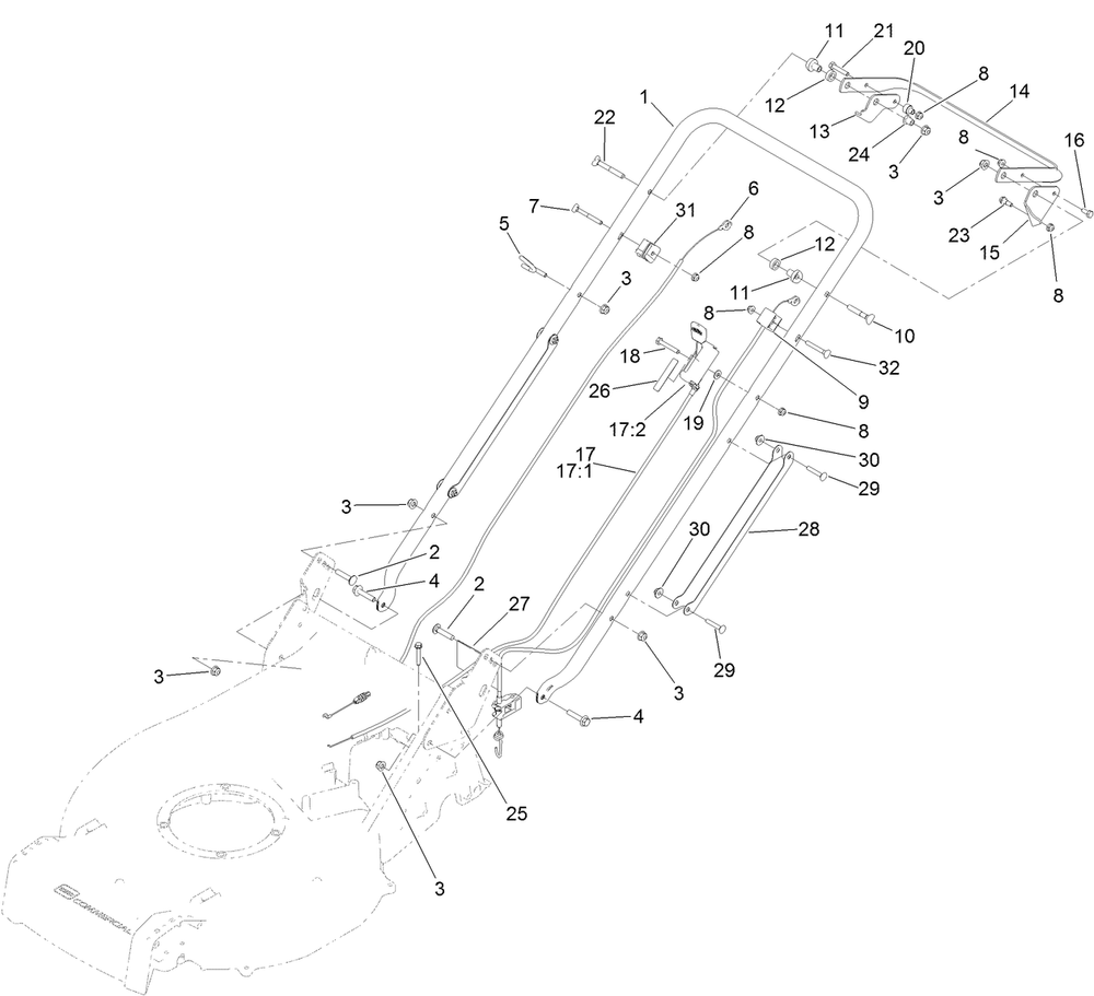 Handle And Control Assembly Diagram and Parts List for 22295 413000000 - 999999999 Toro Lawn Mower