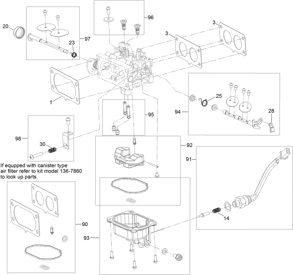 Carburetor Assembly  With Non-Canister Style Air Filter Diagram and Parts List for 74465TE 400000000-999999999 Toro Lawn Tractor